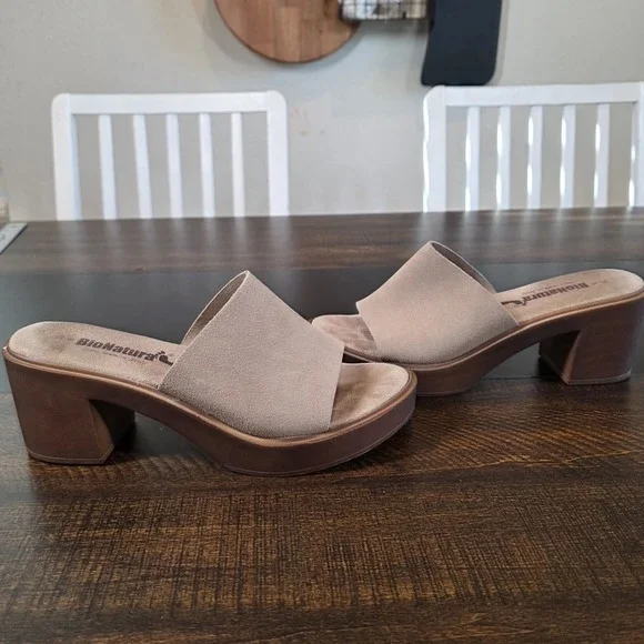 BioNatura Suede Mules Tan Leather Platform Sandals Chunky Heels Shoes sz 8 Italy - Picture 8 of 9
